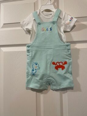 Guess Mint Green Baby Shortalls with Sea Creature Appliqués NWT 12 months